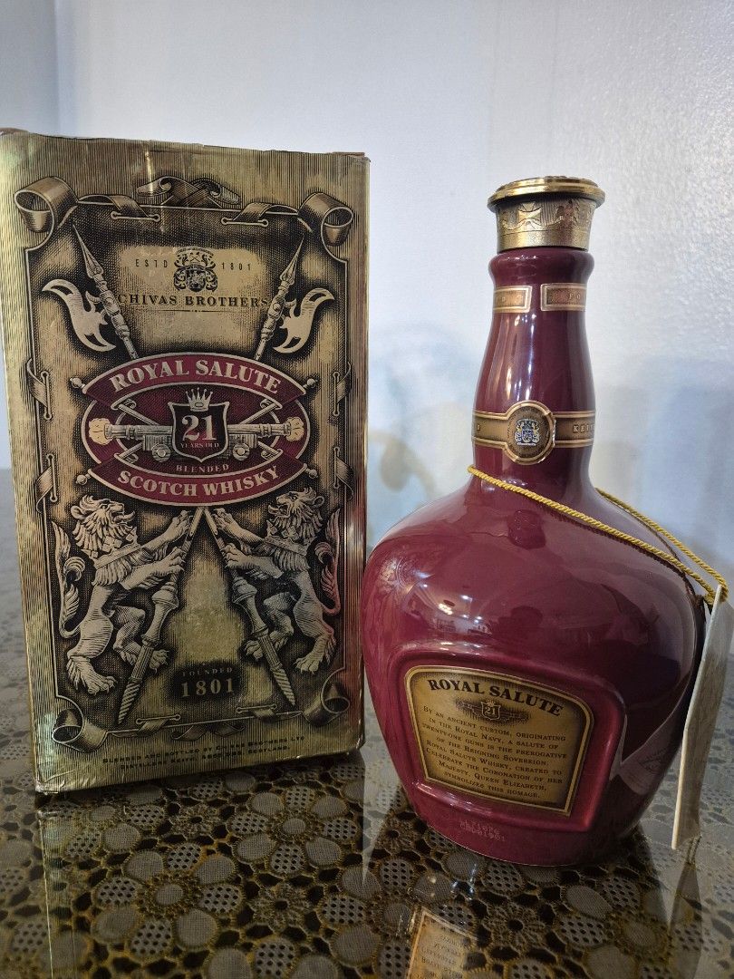Chivas Brothers Royal Salute 21 with Ruby red ceramic flagon (Category: Beverages) located in Muntinlupa City. Submitted by el_dritchknight (Listing ID 1428739181, Image 3). Description: 🥃 FOR SALE: Royal Salute 21 YO - Vintage Collector's Set (EMPTY) > 🏺 Chivas Brothers older edition — rare find! > ✅ Vintage ruby red ceramic flagon > ✅ Original gold embossed Chivas Brothers box > ✅ Original burgundy velvet pouch w/ gold tassel > ✅ Both origina