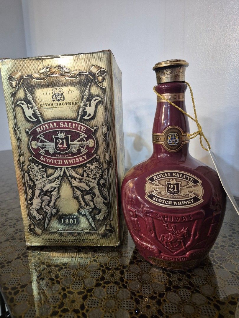 Chivas Brothers Royal Salute 21 with Ruby red ceramic flagon (Category: Beverages) located in Muntinlupa City. Submitted by el_dritchknight (Listing ID 1428739181, Image 1). Description: 🥃 FOR SALE: Royal Salute 21 YO - Vintage Collector's Set (EMPTY) > 🏺 Chivas Brothers older edition — rare find! > ✅ Vintage ruby red ceramic flagon > ✅ Original gold embossed Chivas Brothers box > ✅ Original burgundy velvet pouch w/ gold tassel > ✅ Both origina