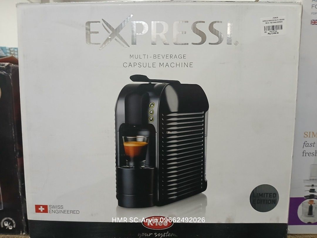 Expressi Multi-Beverage Capsule Machine (Category: Coffee Machines & Makers) located in Manila. Submitted by sc_arvin (Listing ID 1428719838, Image 1). Description: Expressi multi-beverage capsule machine is Swiss engineered. It is a limited edition model. The machine is black and designed to brew coffee..
