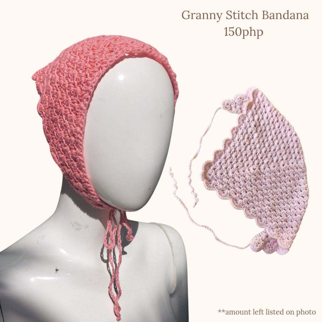 Granny Stitch Bandana - Pink (Category: Hair Accessories) located in Manila. Submitted by flashylanding (Listing ID 1428687491, Image 1). Description: Handmade granny stitch bandana in a lovely pink color. Features a unique design with a scalloped edge. Includes ties for a secure and adjustable fit. .