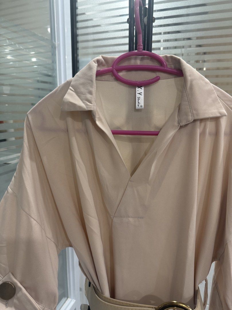 K.V. Studio Beige Dress with Belt (Category: Dresses) located in Arayat. Submitted by ico_riv (Listing ID 1428769673, Image 3). Description: Beige dress from K.V. Studio. Features a collared neckline and elbow-length sleeves with button details. Includes a matching beige belt with a gold-tone buckle (tarnished already). You may use a different belt of choice. .