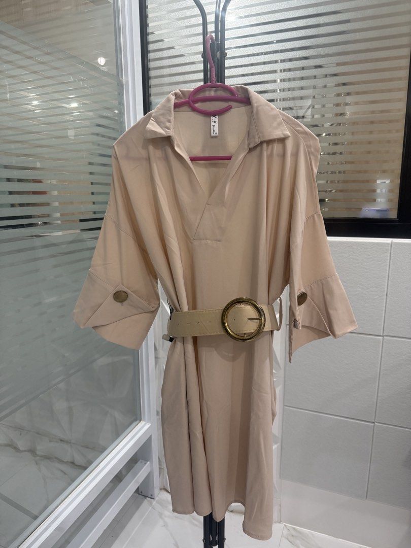 K.V. Studio Beige Dress with Belt (Category: Dresses) located in Arayat. Submitted by ico_riv (Listing ID 1428769673, Image 1). Description: Beige dress from K.V. Studio. Features a collared neckline and elbow-length sleeves with button details. Includes a matching beige belt with a gold-tone buckle (tarnished already). You may use a different belt of choice. .
