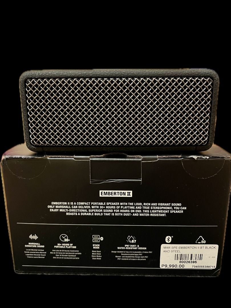 Marshall Emberton II Bluetooth Speaker (Category: Soundbars, Speakers & Amplifiers) located in San Mateo. Submitted by declutter_with_me_now (Listing ID 1428708508, Image 3). Description: Marshall Emberton II is a compact portable speaker with a loud, rich, and vibrant sound. It boasts 30+ hours of playtime and true stereophonic sound. The speaker is dust and water-resistant. It features Bluetooth connectivity and is in Black and Steel color. Pro