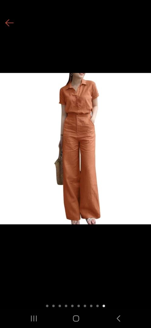 Orange Linen Coord (Category: Sets or Coordinates) located in Manila. Submitted by bajoyskie (Listing ID 1428759900, Image 1). Description: Orange linen coordinates with a collared top and wide-leg pants. The top has short sleeves and a button-down front. The size chart is included in the images. The jumpsuit is a solid orange color. RFS - wrong size brand new.