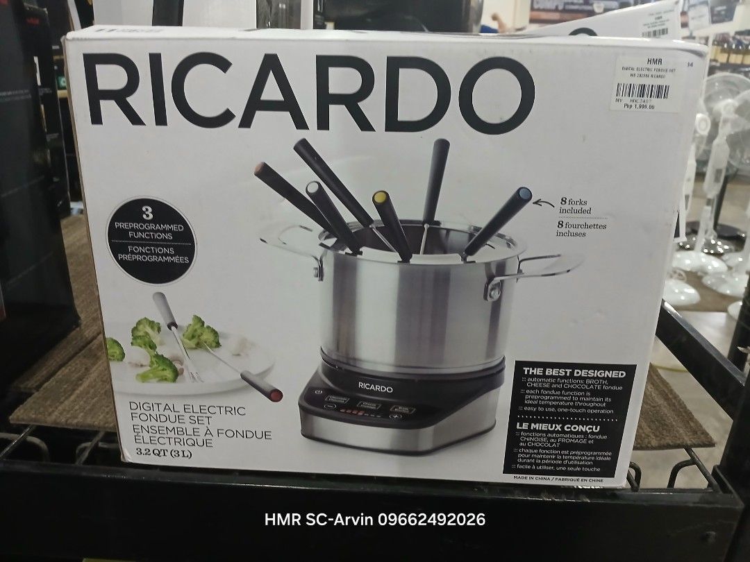 Ricardo Digital Electric Fondue Set (Category: Other Kitchenware & Tableware) located in Manila. Submitted by sc_arvin (Listing ID 1428712507, Image 1). Description: Ricardo digital electric fondue set includes 3 preprogrammed functions. It comes with 8 forks. The set is designed for electric use. The box indicates it is an ensemble à fondue électrique. The capacity is 3.2 qt..