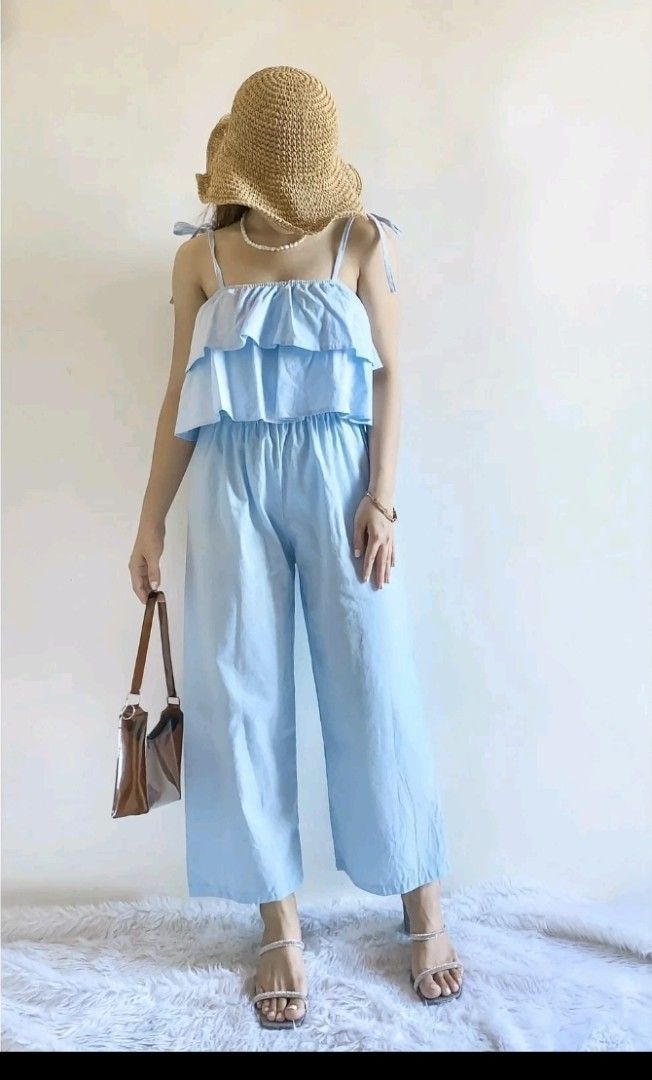 Self tie Linen Ruffle Jumpsuit (Category: Jumpsuits) located in Manila. Submitted by the_cabinetdeclutter (Listing ID 1428615957, Image 1). Description: -Size: Free size check photo for reference -Color: Actual color is denim blue -Self tie and can be tube.