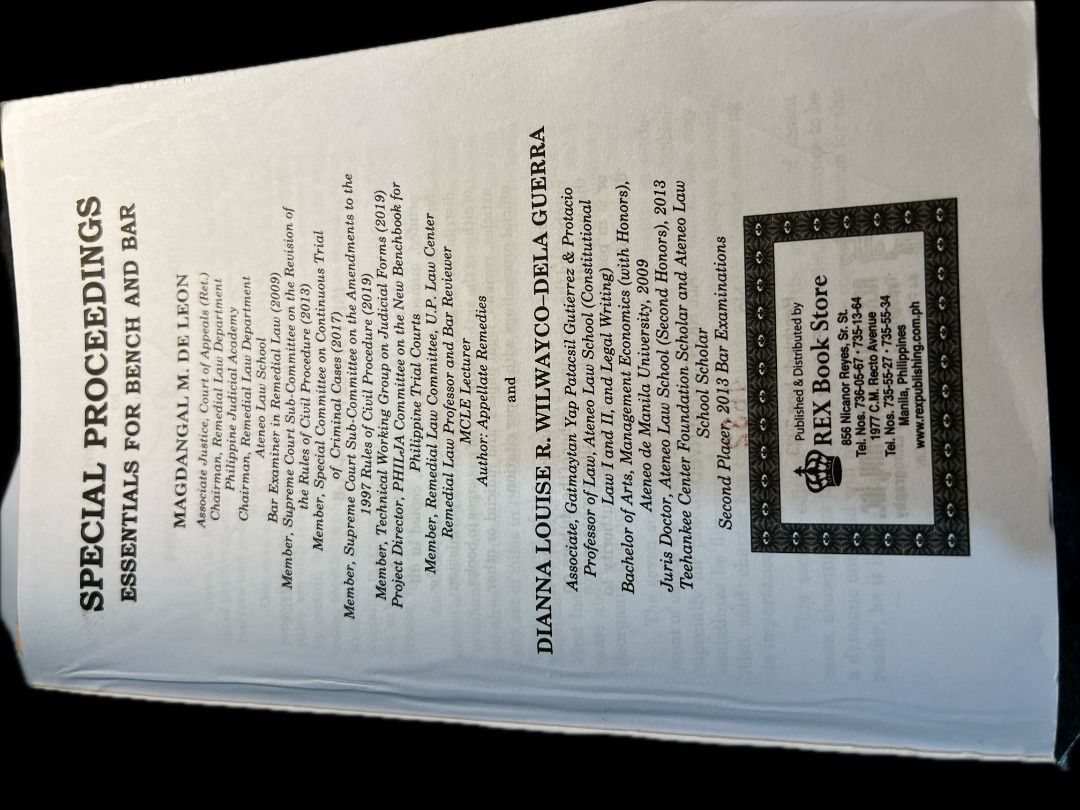 Special Proceedings Essentials for Bench and Bar 2020 Edition (Category: Textbooks) located in San Mateo. Submitted by declutter_with_me_now (Listing ID 1428709524, Image 3). Description: This book is the 2020 edition of Special Proceedings Essentials for Bench and Bar. It is written by Magdangal M. De Leon and Dianna Louise R. Wilwayco. Published by REX Book Store. Condition: Good as new. Has few highlights and handwritten notes..