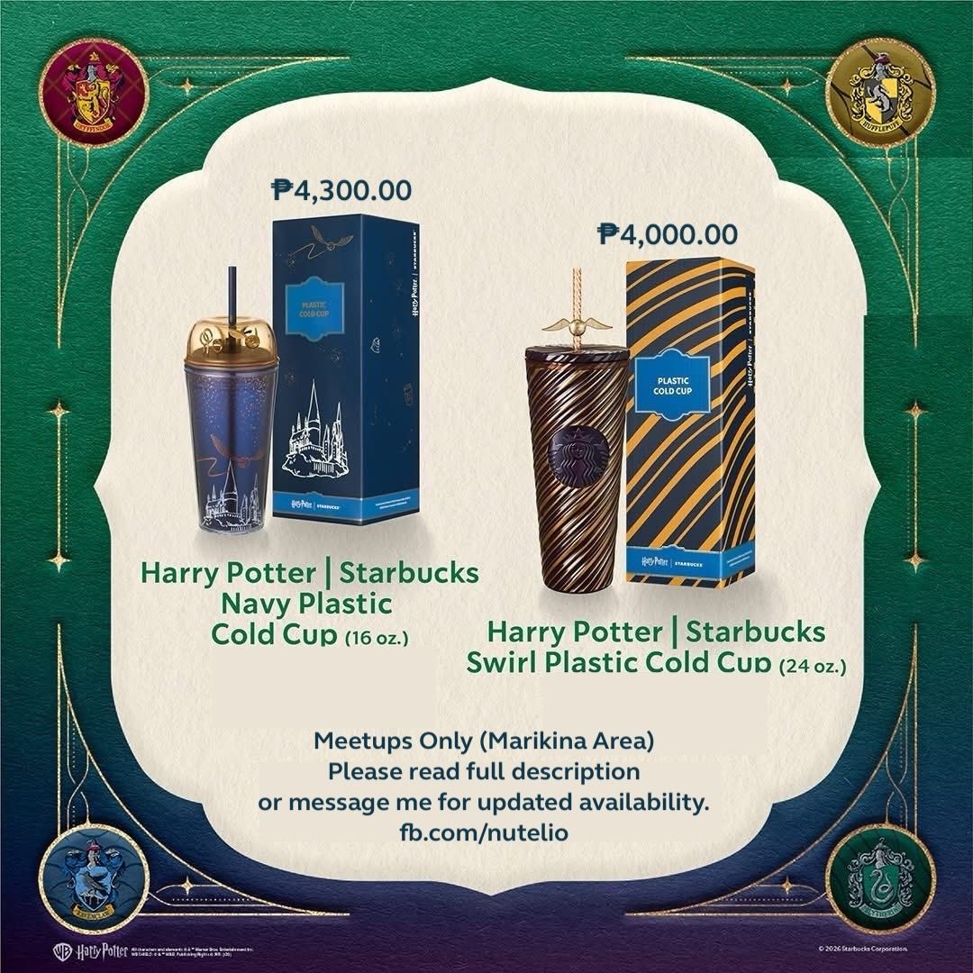 Starbucks x Harry Potter Collab Limited Edition (Category: Coffee & Tea Tableware) located in Manila. Submitted by eliosomar (Listing ID 1428151671, Image 3). Description: PM me for updated availability. Meetups only. See location below. NOT FOR SWAP. As of April 10: ⚱️ HP Golden Snitch Cold Cup - 3,600 ✅ 1 PC AVAILABLE 🧵 HP Navy 16oz Plastic Cold Cup - 4,300 ❌ SOLD OUT 🟩 HP Green 24oz Stainless Steel Cold Cup - 4,500 ✅ 1 PC AVAILABLE HP Purple