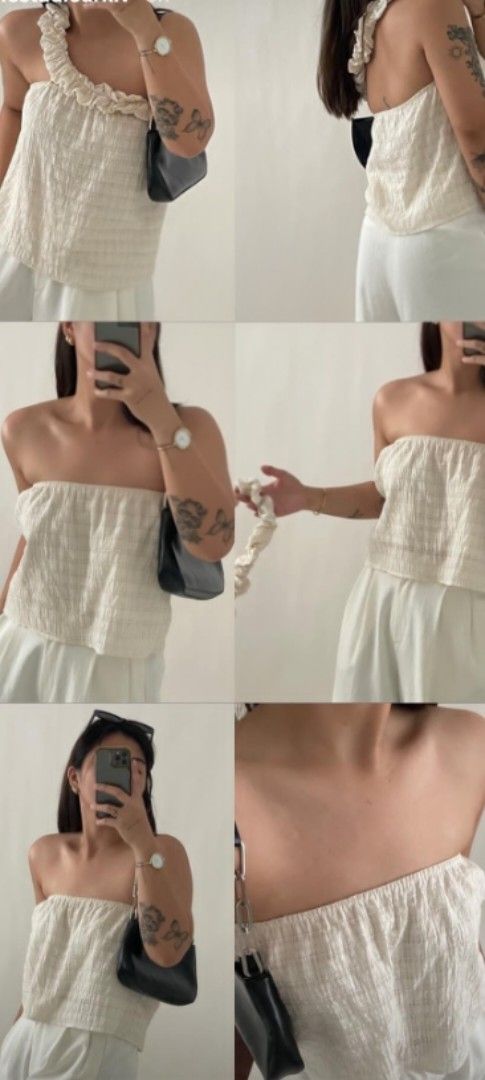 Tube Ruffle Detachable Top (Category: Sleeveless) located in Manila. Submitted by the_cabinetdeclutter (Listing ID 1428614961, Image 2). Description: -Size: Small-Med (Chest: 30-38") -Color: Cream (Ganda ng tela) -Has detable ruffles. Pwede halter or off shoulder -Bought this in IG thrift shop.