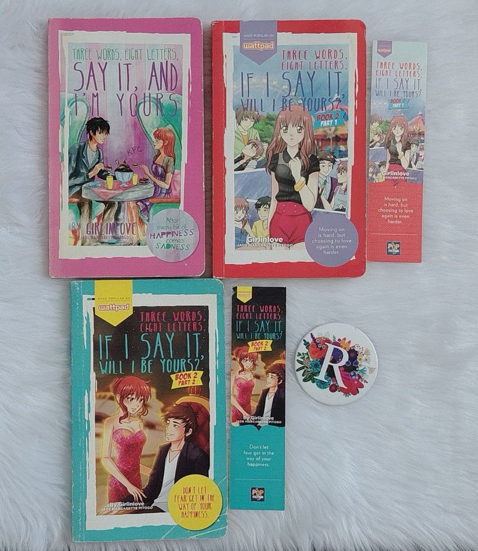 Wattpad Books: Pop Fiction (Category: Storybooks) located in Tanza. Submitted by shane_022 (Listing ID 1428734196, Image 1). Description: Three Words, Eight Letters, Say It, and I'm Yours Book 1, Book 2 (Part 1) & Book 2 (Part 2) set - 350 ❌ Don't Make the Bad Boy Mad - 120 Revenge ni Miss Piggy - 110 Reyna ng Kamalasan (Part 1) - 120 The Relationship Code - 190 ❌ Sonnets About Us - 90 Until She Fell in Love - 90 Between Now and Ever After - 160 