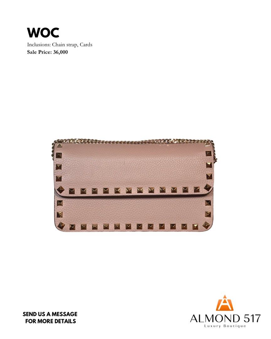 WOC Chain Strap Bag (Category: Luxury Bags & Wallets) located in Taguig. Submitted by reimac_almond517 (Listing ID 1428742521, Image 1). Description: WOC bag comes with a chain strap and card inclusions. It features a studded design and a neutral color. The bag is from Almond 517 Luxury Boutique. Send a message for more details..