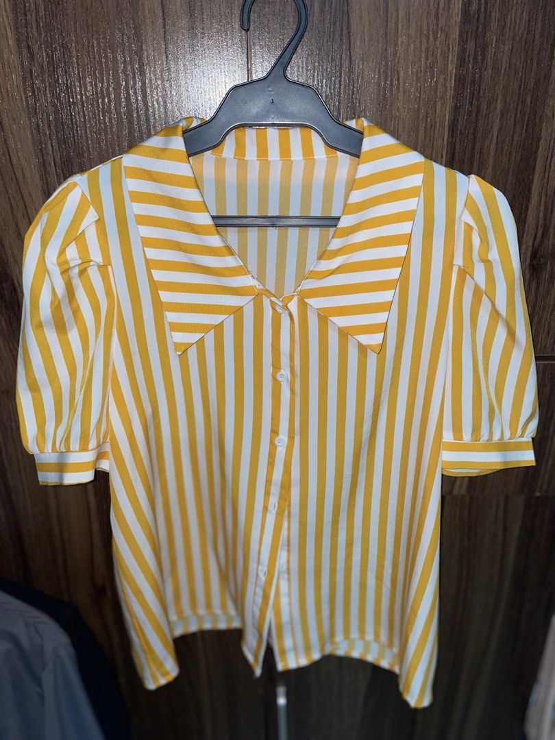 Yellow Striped Blouse with Puff Sleeves (Category: Blouses) located in Marikina City. Submitted by declutter_2026 (Listing ID 1428735235, Image 2). Description: Can fit medium to large frame.
