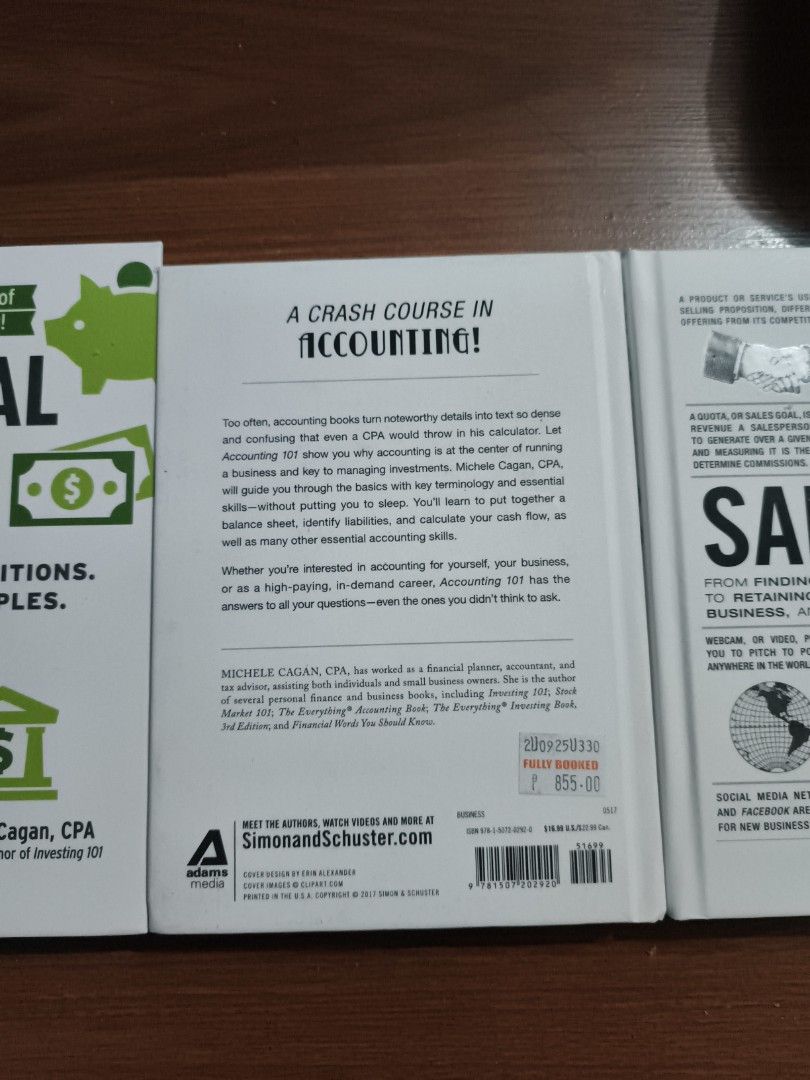 Accounting 101: A Crash Course in Financial Reporting (Category: Textbooks) located in Manila. Submitted by akyom_123 (Listing ID 1428916637, Image 2). Description: Book, "Accounting 101: A Crash Course in Financial Reporting," by Michele Cagan, CPA, covers accounting basics, calculating revenues, and determining assets and liabilities. It includes essential guides to accounting. The book is published by Simon & Schuster. It also mentions topics 