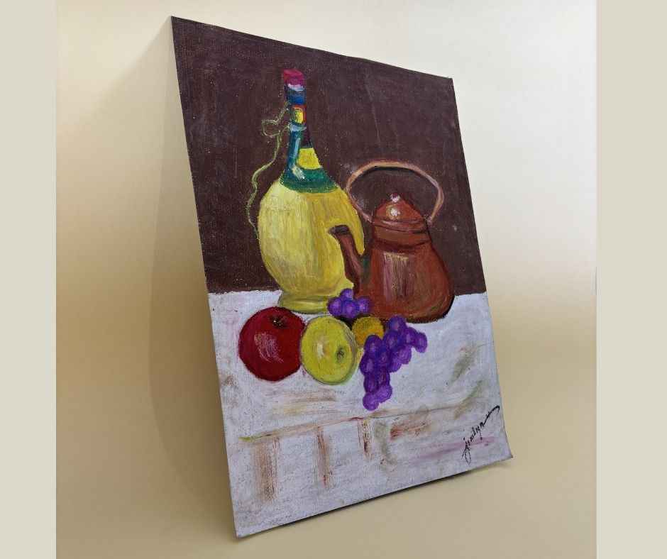 Afternoon Tea #1 - Still Life Art (Category: Art & Prints) located in Manila. Submitted by trainy (Listing ID 1428900194, Image 2). Description: This still life art features a bottle, teapot, and fruits. It has a warm, inviting color palette ideal for home decor. Title: Afternoon Tea #1 Medium: Craypas oil pastel art on colored paper Size: 14.9 x 11 inches Artist: Jen Siy Original art piece: Only 1 original piece existing. No two pieces of the sa