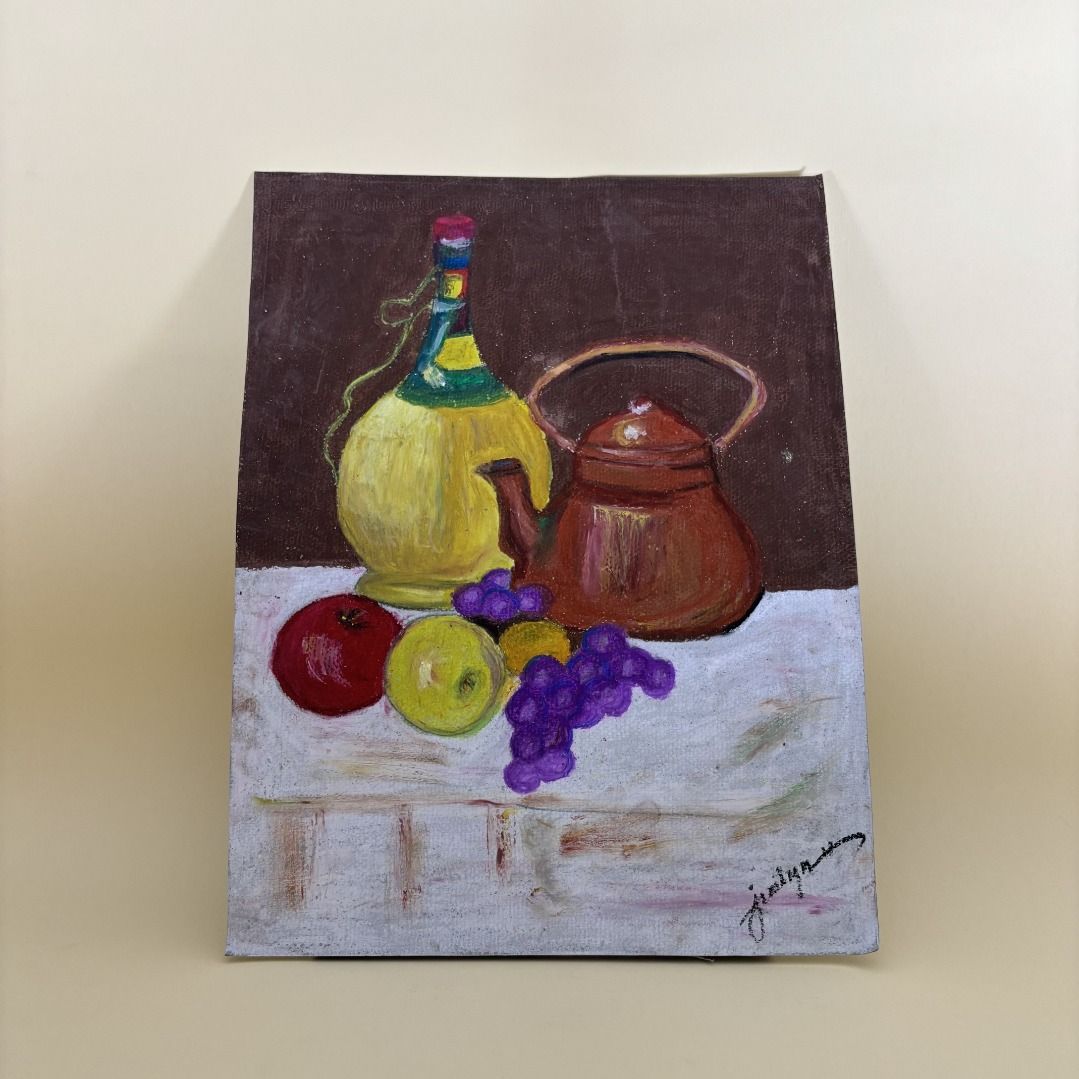 Afternoon Tea #1 - Still Life Art (Category: Art & Prints) located in Manila. Submitted by trainy (Listing ID 1428900194, Image 1). Description: This still life art features a bottle, teapot, and fruits. It has a warm, inviting color palette ideal for home decor. Title: Afternoon Tea #1 Medium: Craypas oil pastel art on colored paper Size: 14.9 x 11 inches Artist: Jen Siy Original art piece: Only 1 original piece existing. No two pieces of the sa