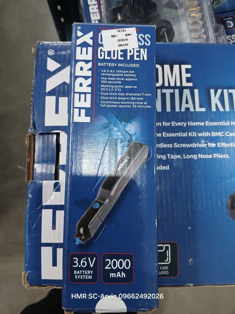 Ferrex Cordless Glue Pen 3.6V (Category: Craft Supplies & Tools) located in Manila. Submitted by sc_arvin (Listing ID 1428826853, Image 1). Description: Ferrex Glue Pen with 3.6V battery system. Includes a rechargeable battery. It takes 100 seconds to heat up. The glue stick size is diameter 7mm. Continuous working time is approximately 55 minutes. The box also contains a Home Essential Kit..