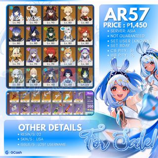 Compte Genshin Impact Asia AR56 - Furina C6 R2 + 4 Persos 5 étoiles + Armes 5★
