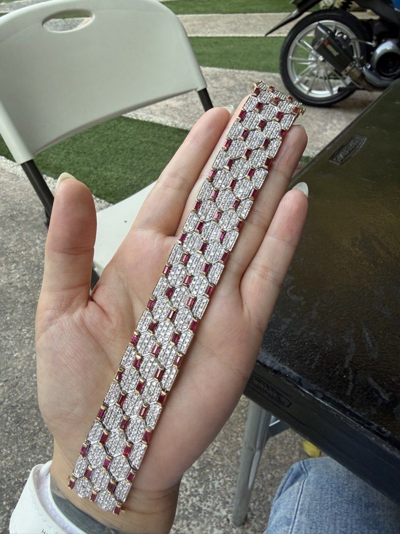 Gold-toned Ruby and Diamond Bracelet (Category: Bracelets) located in Manila. Submitted by troddetrading (Listing ID 1428885415, Image 3). Description: ✨ FOR SALE: Diamond & Ruby Luxury Bracelet ✨ Grabe, this piece is giving old money elegance realness 💎❤️ 🔹 Weight: 81 grams (solid and premium) 🔹 Fully iced with sparkling diamonds 🔹 Accented with rich ruby stones 🔹 Intricate high-end design – super statement piece 💰 Price: ₱1,300,000 ✨ Perf