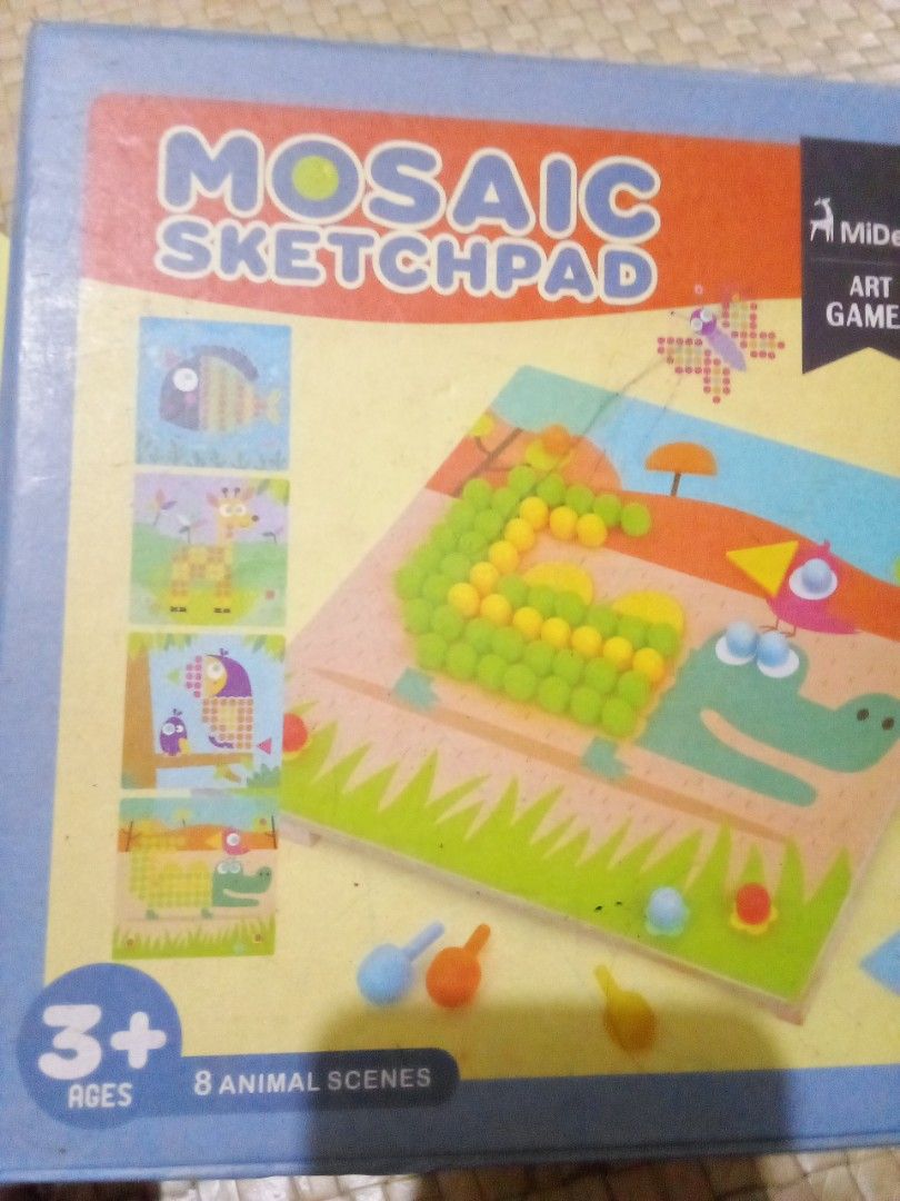 Mideer Mosaic Sketchpad Art Game (Category: Educational & Learning Toys) located in Paranaque City. Submitted by booksbycccc (Listing ID 1428823112, Image 1). Description: Preloved,payment first Sdd Pque. RFS: child outgrown 8animal scenes, wooden board, colored pins. Not suitable for 3yrs old below, with small parts. Use adult supervision when using..