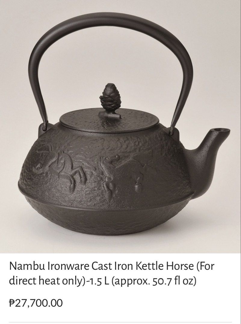 Nambu Ironware Cast Iron Kettle Horse (Category: Coffee & Tea Tableware) located in Manila. Submitted by prelovedbyramiah (Listing ID 1428895907, Image 1). Description: (For direct heat only)-1.5 L (approx. 50.7 fl oz) rare vintage collection bnew w box.