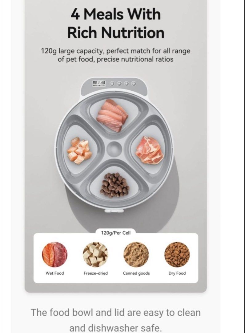 ROJECO Smart 4-Meal Wireless Automatic Pet Feeder (Latest Model)-White (Category: Homes & Other Pet Accessories) located in Quezon City. Submitted by carsenmktg (Listing ID 1428880554, Image 3). Description: ROJECO Smart 4-Meal Wireless Automatic Pet Feeder (Latest Model)-White guaranteed authentic. brand new in box. note: batteries not included Key Features: 4 Meal Capacity: Four compartments, each holding approximately 100g-120g (240ml) of food