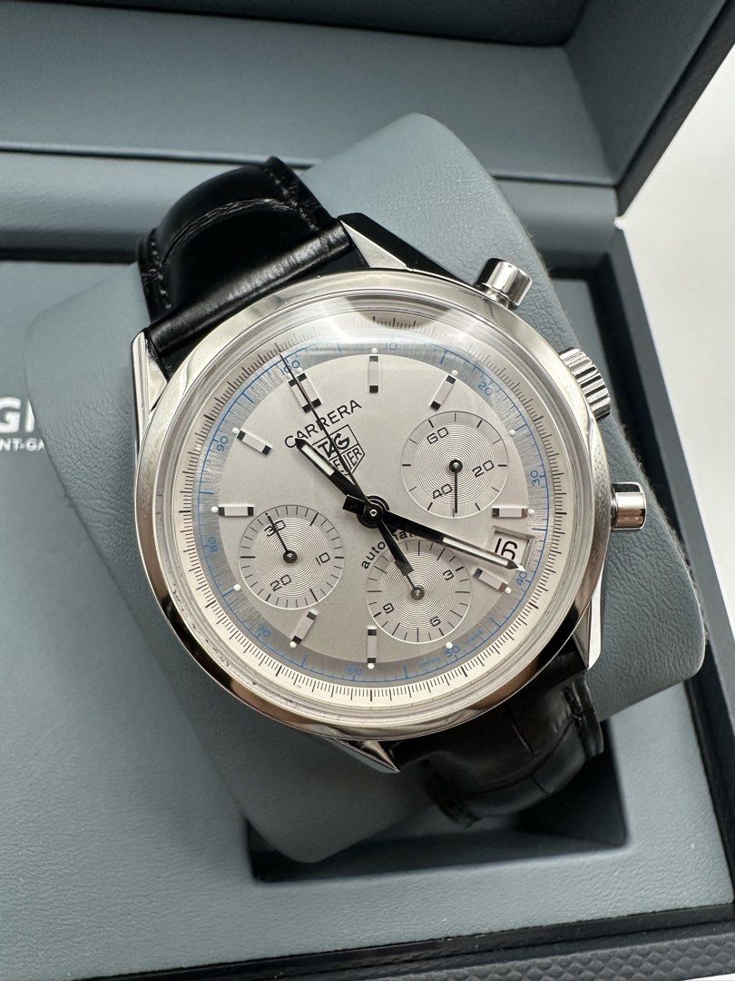 Tag Heuer Carrera 39mm Automatic Chronograph Silver Dial (Category: Luxury Watches) located in Manila. Submitted by rj_authenticwatchesandmore (Listing ID 1428911840, Image 3). Description: Tag Heuer Carrera Automatic Chronograph ✅Domed Pie Pan Shaped Crystal with double AR Coating ✅Silver Dial ✅Reference Model CV2110-0 ✅39mm case diameter ✅Automatic Calibre 17 movement Inclusions: watch and box Condition: Excellent, strap and clasp are new and u