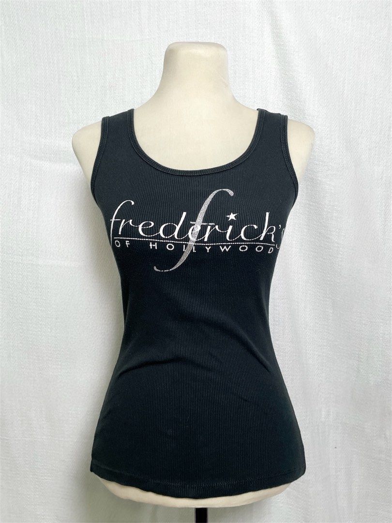 2000s y2k authentic fredricks holly black graphic tank top (Category: Sleeveless) located in Quezon City. Submitted by mossimoss (Listing ID 1429137149, Image 2). Description: chest 12.5 waist 11 length 24 [measured in inches laid flat].