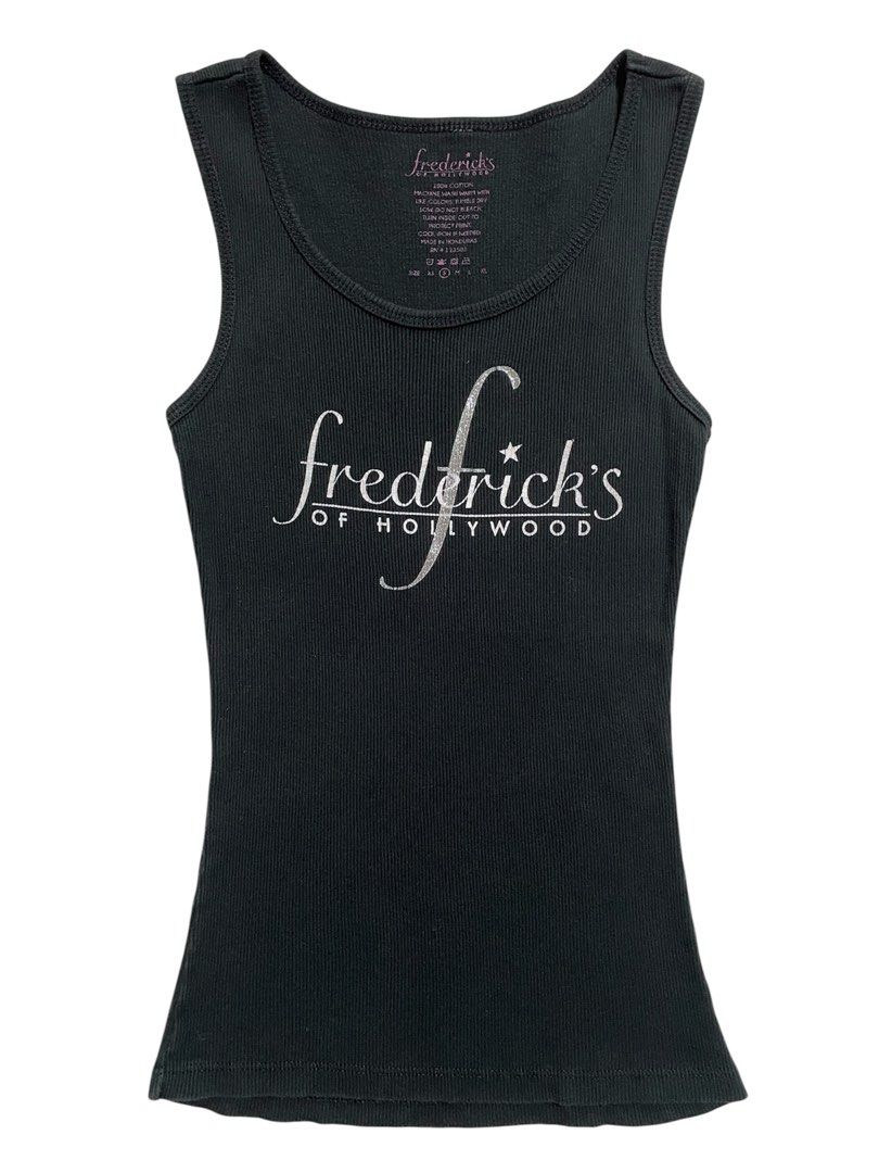 2000s y2k authentic fredricks holly black graphic tank top (Category: Sleeveless) located in Quezon City. Submitted by mossimoss (Listing ID 1429137149, Image 1). Description: chest 12.5 waist 11 length 24 [measured in inches laid flat].