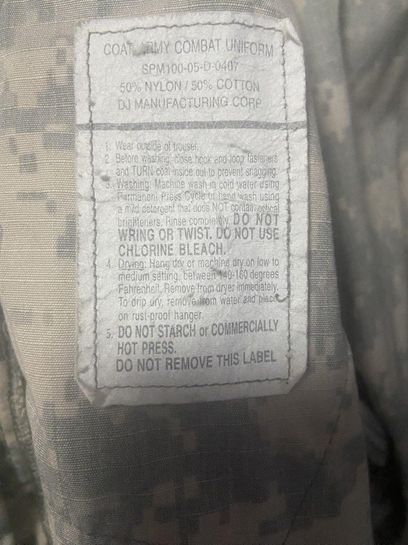 Army Combat Uniform (coat/shirt) Small-Long (Category: Coats, Jackets and Outerwear) located in Antipolo. Submitted by saita22 (Listing ID 1429162629, Image 3). Description: COAT ARMY COMBAT UNIFORM - 50% NYLON / 50% COTTON - BY DJ MANUFACTURING CORP - SMALL - LONG - Height 74 to 75 in - Chest: 33 to 37 in - Stock No. 8415-01-519-8504 - NATO Size: 8090/8494 - price negotiable - location: Antipolo - Mop: cash through meet up or GCash for delivery.
