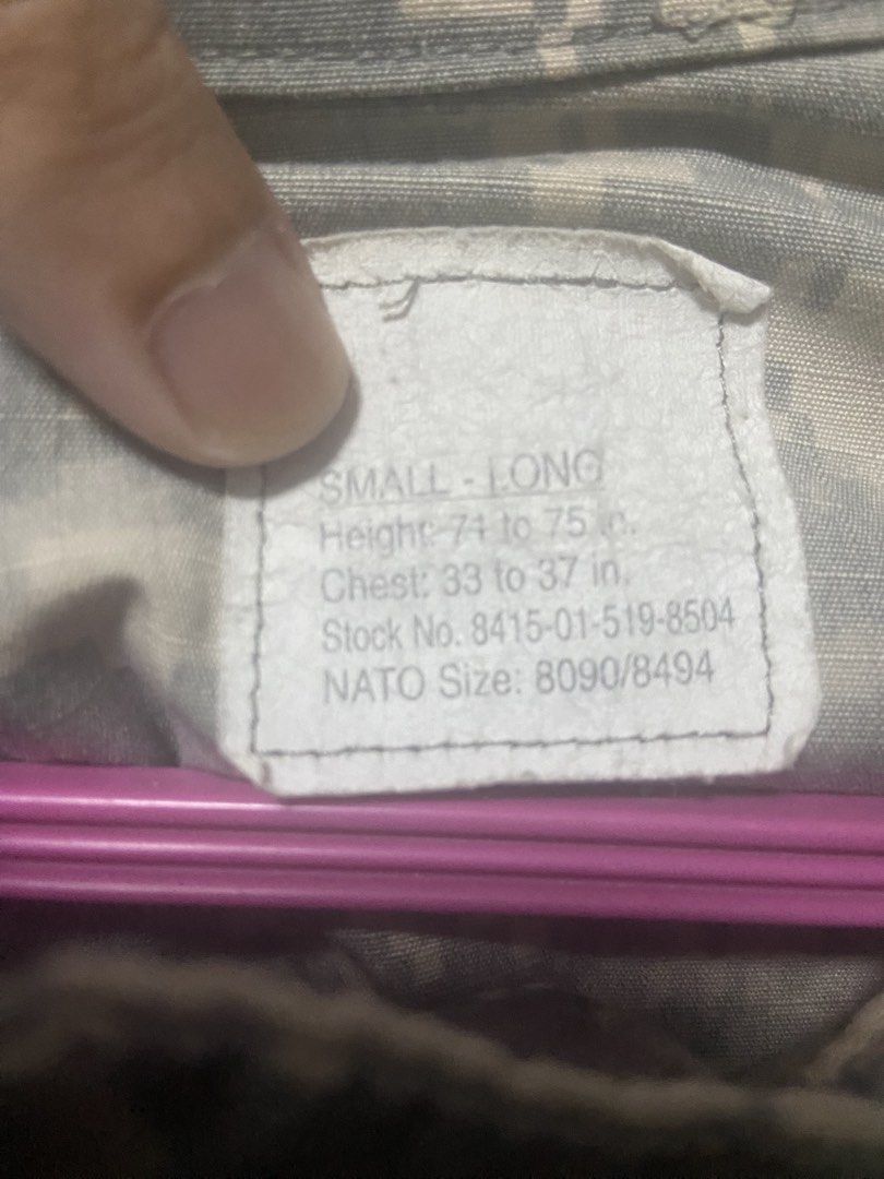 Army Combat Uniform (coat/shirt) Small-Long (Category: Coats, Jackets and Outerwear) located in Antipolo. Submitted by saita22 (Listing ID 1429162629, Image 2). Description: COAT ARMY COMBAT UNIFORM - 50% NYLON / 50% COTTON - BY DJ MANUFACTURING CORP - SMALL - LONG - Height 74 to 75 in - Chest: 33 to 37 in - Stock No. 8415-01-519-8504 - NATO Size: 8090/8494 - price negotiable - location: Antipolo - Mop: cash through meet up or GCash for delivery.