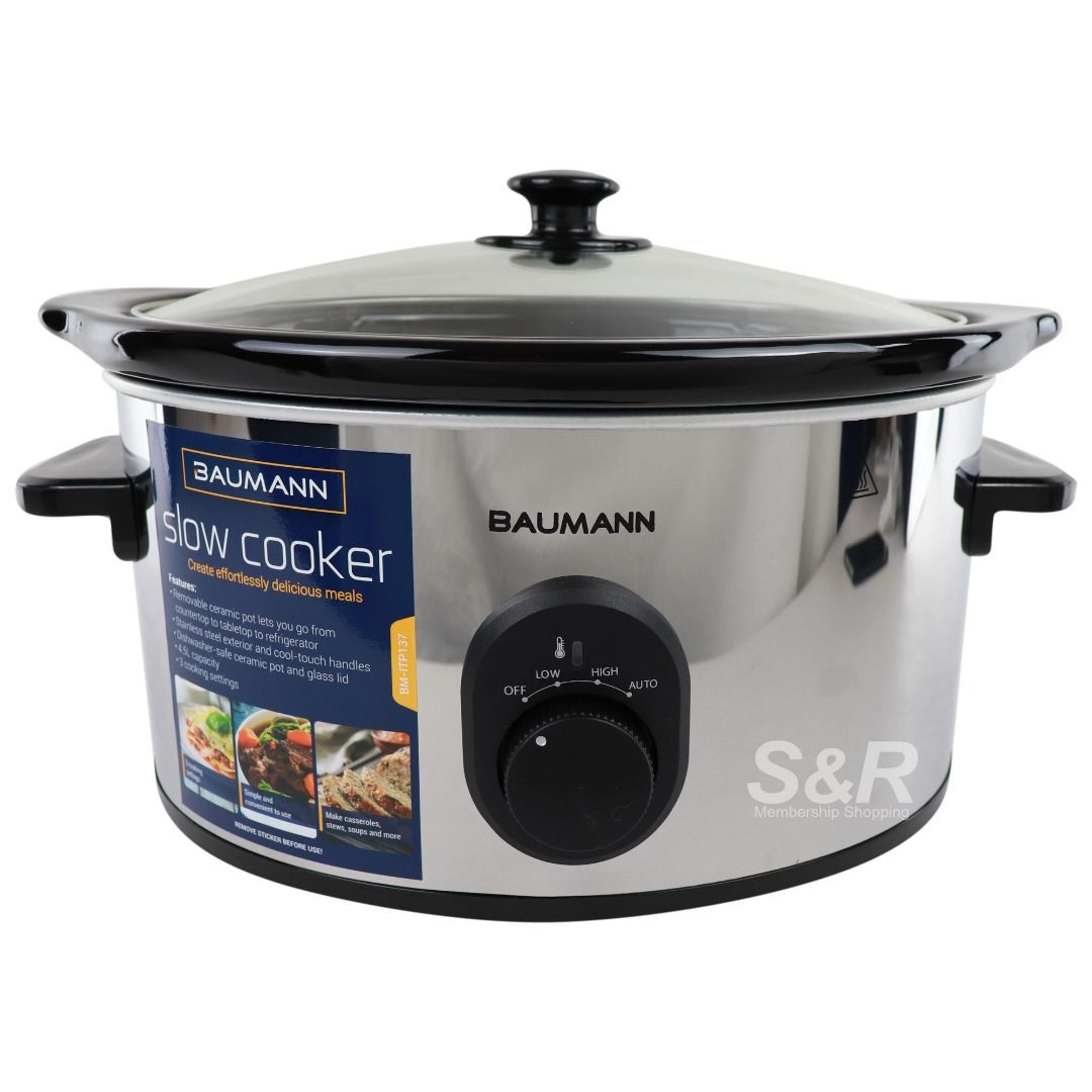 Baumann Slow Cooker 4.5L (Category: Cookers) located in Mandaluyong City. Submitted by joey.kim (Listing ID 1405685987, Image 2). Description: - Baumann slow cooker with 4.5L capacity - Features 3 cooking settings - Model number: BM-ITP137 - Includes box with slow cooker and meal examples - Designed for effortless, delicious meals.