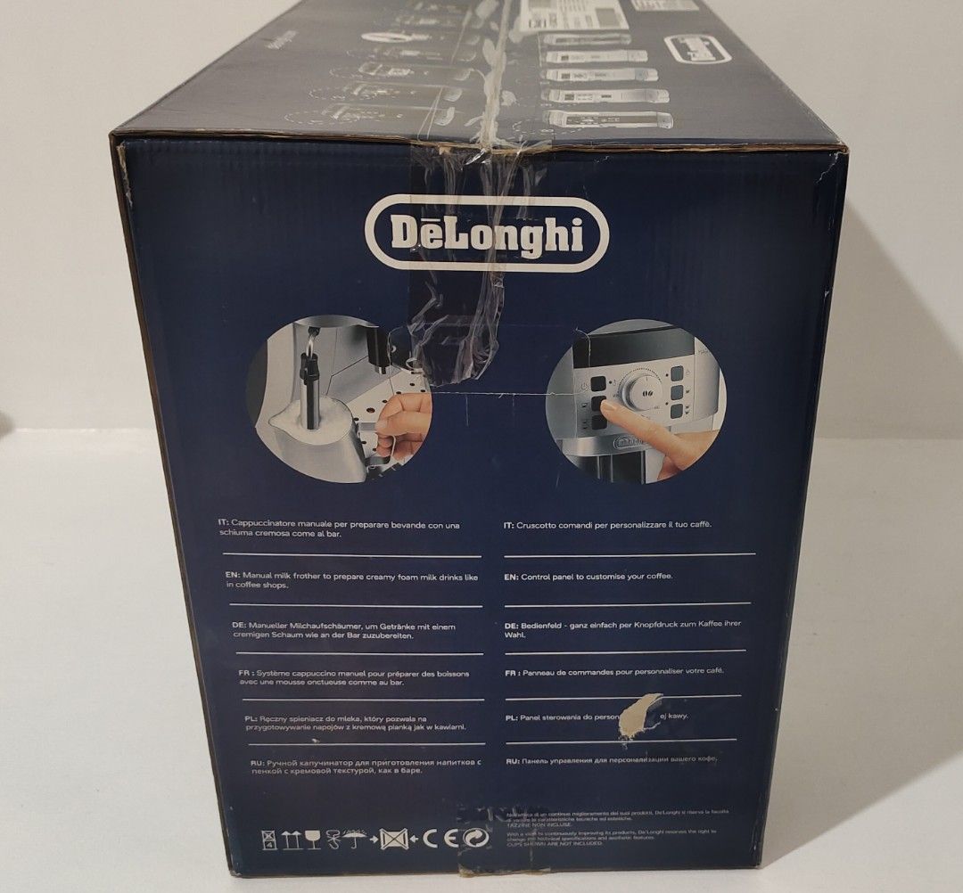DeLonghi Magnifica S Automatic Coffee Machine (Category: Coffee Machines & Makers) located in Quezon City. Submitted by methodstudios (Listing ID 1428997671, Image 3). Description: DeLonghi Magnifica S automatic coffee machine with manual milk frother. The box shows the machine's features and functions. The box includes details about the machine's operation and components. It is designed for making espresso and cappuccino..