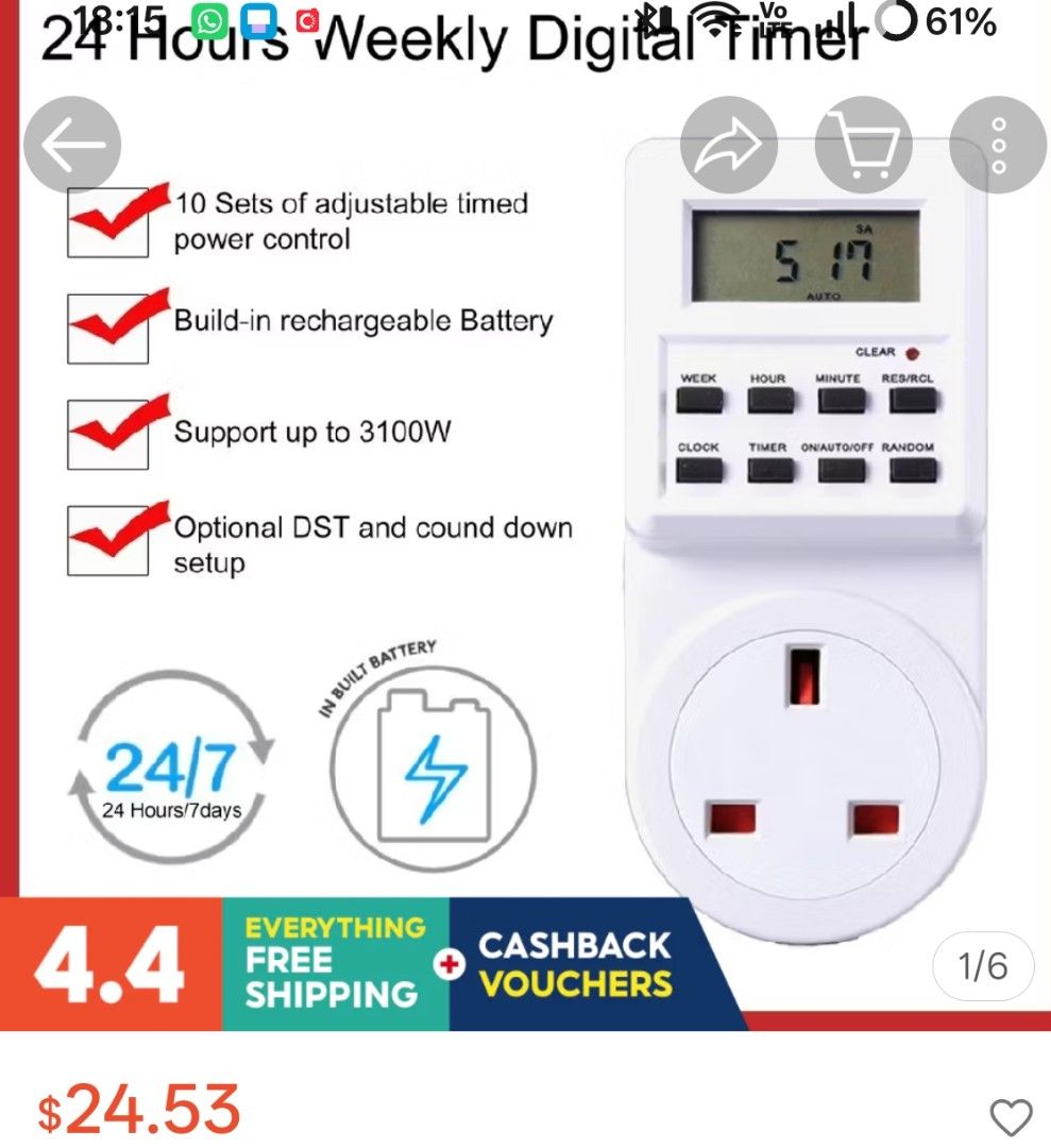 Digital Timer (Category: Other Home Appliances) located in Singapore. Submitted by .rodeo. (Listing ID 1429087919, Image 3). Description: Brand new 10/10 Selling because bought extra set, selling at a discount. Meet up, self collect at Boon Keng MET station. ###### ON/OFF programs with 1 minute step MANUAL ON/AUTO/MANUAL OFF selectable, with LCD display Features: -Digital Clock display -10 sets of adjustable timed power control -Randomied power c