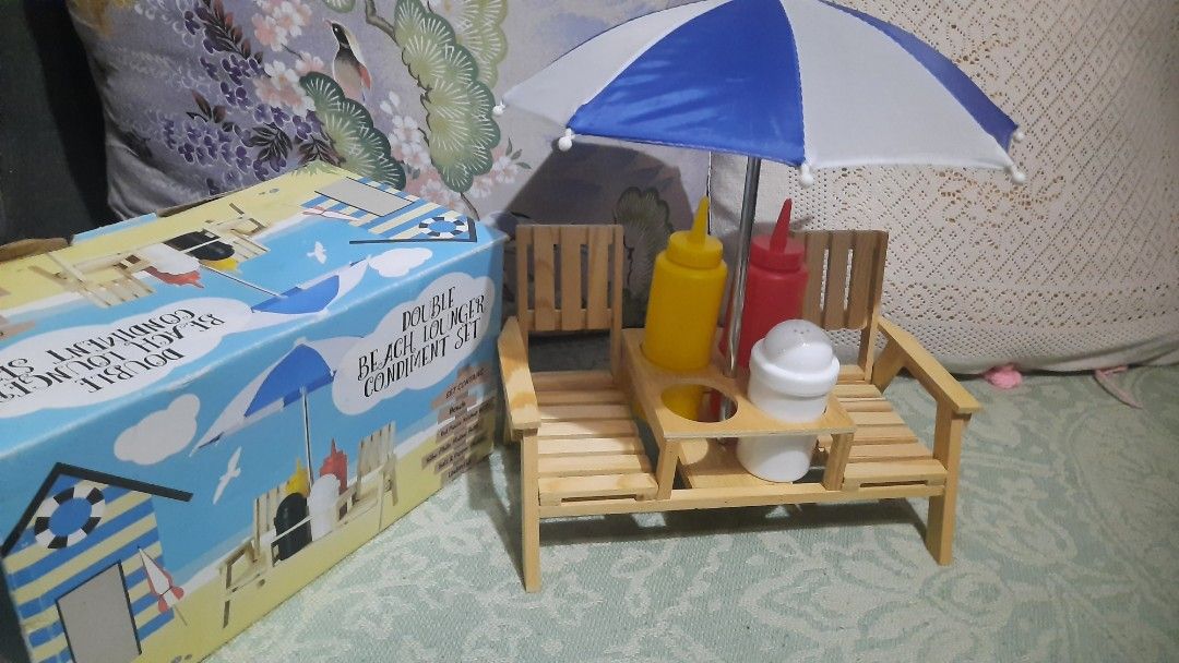 Double beach lounger wooden condiment set 10x6" new boxed,1 missing spice bottle black (Category: Other Kitchenware & Tableware) located in Manila. Submitted by luckycharm_215 (Listing ID 1429144279, Image 1). Description: new from UK.