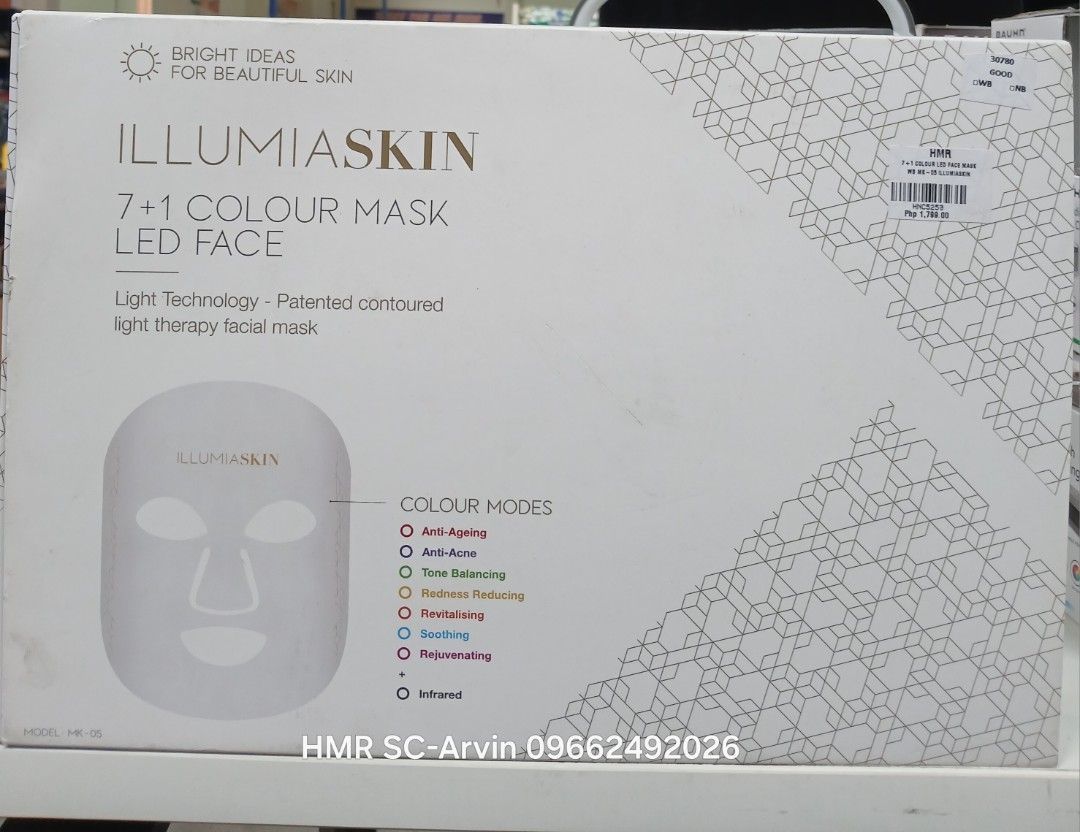 Illumiaskin 7+1 Colour LED Face Mask (Category: Face Care) located in Manila. Submitted by sc_arvin (Listing ID 1429017158, Image 1). Description: Illumiaskin 7+1 Colour LED Face Mask uses light therapy for facial treatment. It features patented contoured light therapy and offers multiple colour modes, including anti-aging, anti-acne, and tone balancing. The mask is designed for beautiful skin and offers a range of light therapy options for vario