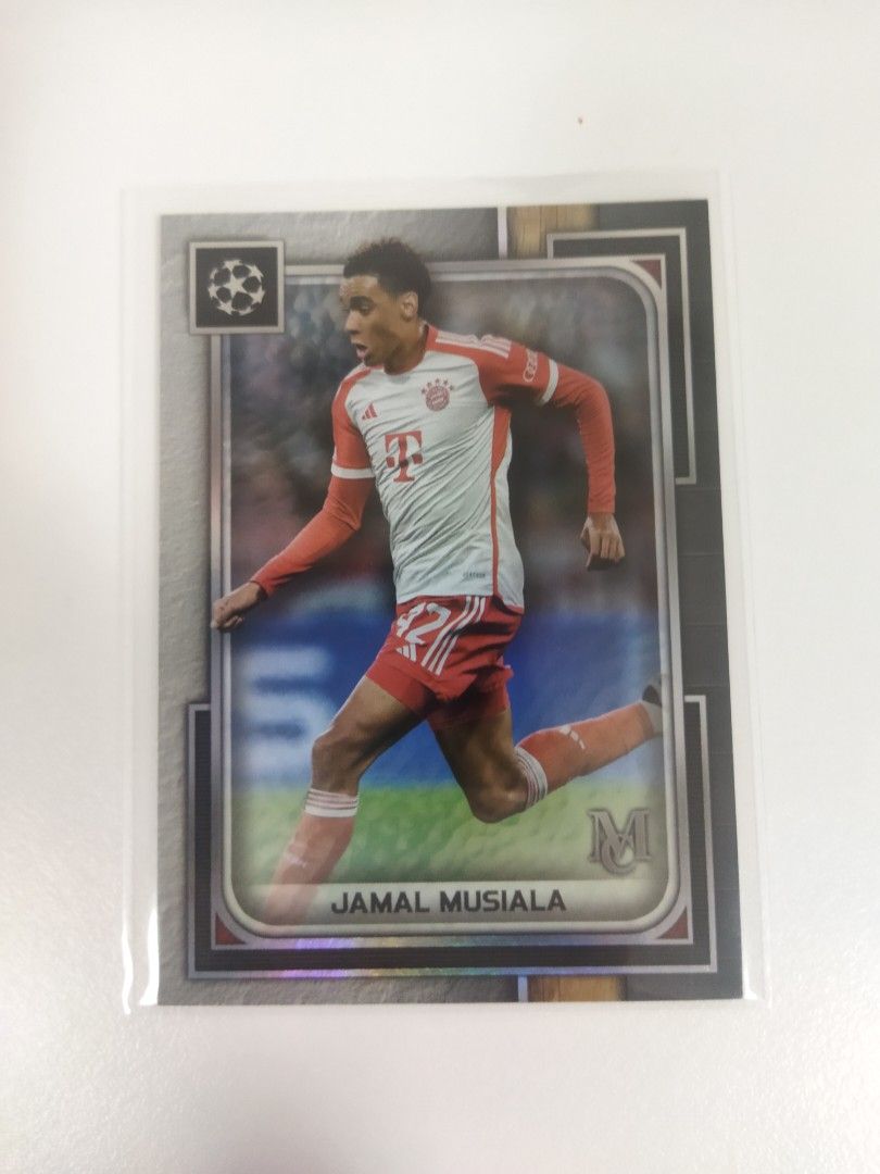 Jamal Musiala Bayern Munich Thick Card (Category: Raw Singles) located in Pasay City. Submitted by 1988cdo (Listing ID 1429139741, Image 1). Description: Trading card features Jamal Musiala in his Bayern Munich uniform. The card has a silver border and the player's name is printed at the bottom. It is encased in a protective sleeve..