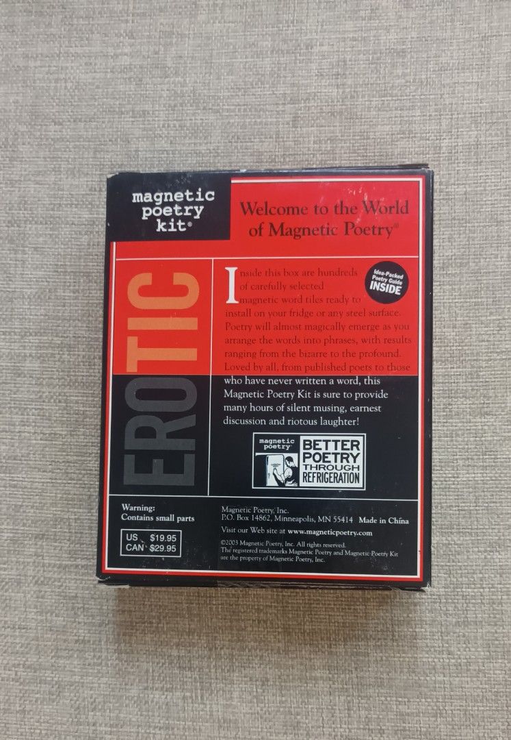 Magnetic Poetry Kit - Erotic Edition (Category: Board Games & Puzzles) located in Mandaluyong City. Submitted by bestill4610 (Listing ID 1429098634, Image 3). Description: Refrigerator tiles 400 words Form fun phrases😁 Never used .