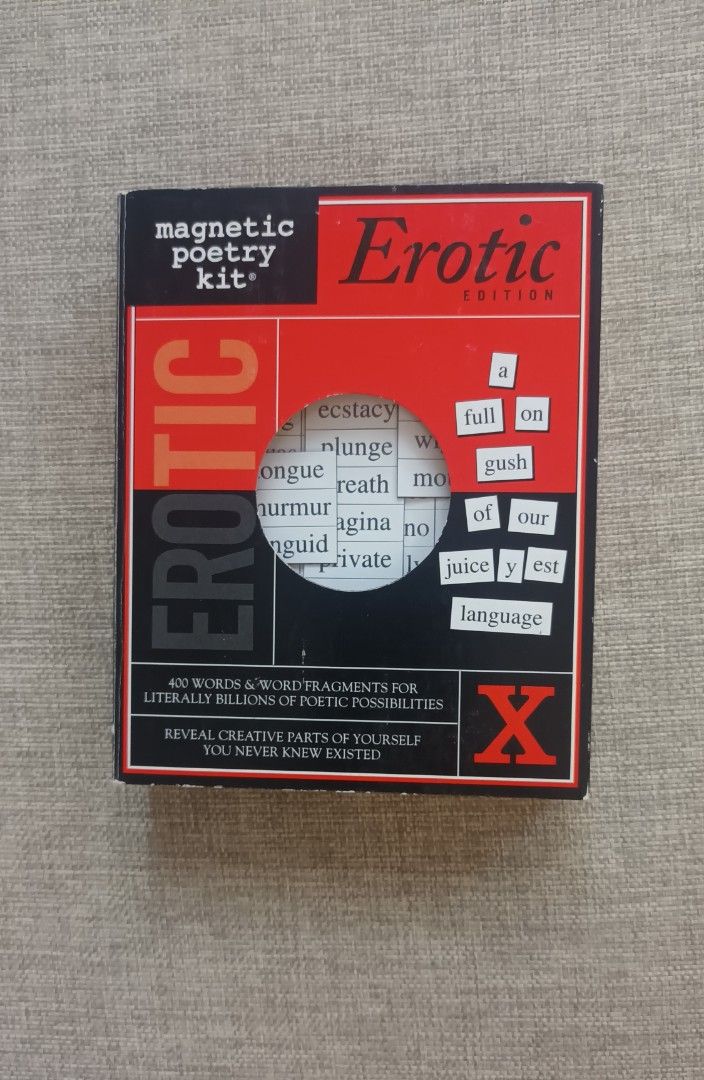 Magnetic Poetry Kit - Erotic Edition (Category: Board Games & Puzzles) located in Mandaluyong City. Submitted by bestill4610 (Listing ID 1429098634, Image 1). Description: Refrigerator tiles 400 words Form fun phrases😁 Never used .
