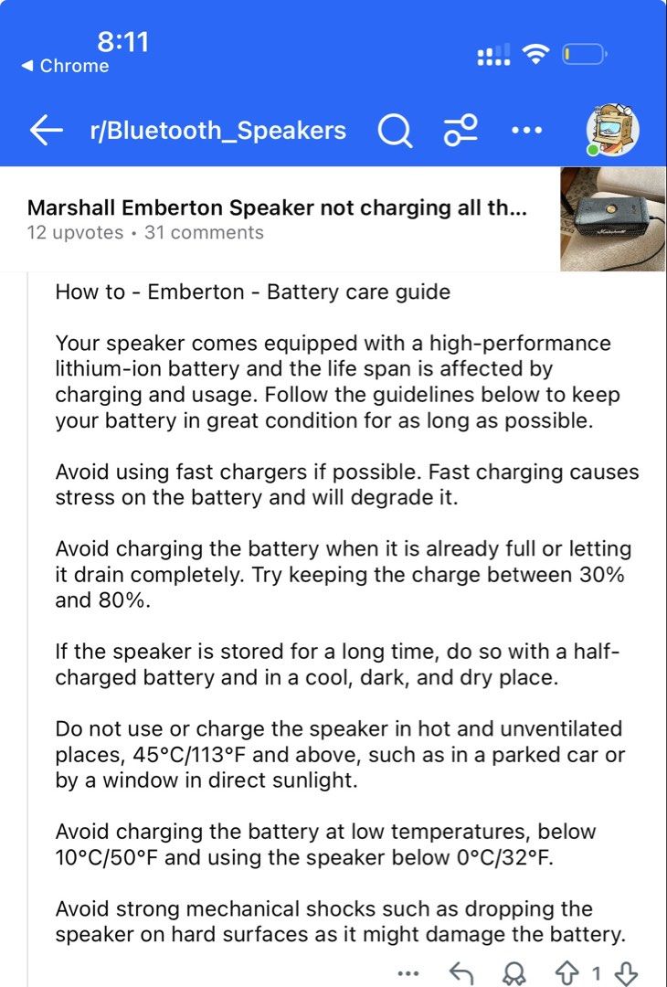 Marshall Speaker Emberton I (Category: Soundbars, Speakers & Amplifiers) located in Paranaque City. Submitted by yanar1 (Listing ID 1429107732, Image 3). Description: Bluetooth speaker Lightly used but NEEDS BATTERY REPLACEMENT (Php1,160 at Shop ee) —> reduced price due to battery issue Common issue of Emberton II (see photo for battery care): - does not fully charge - frequently disconnects from bluetooth.