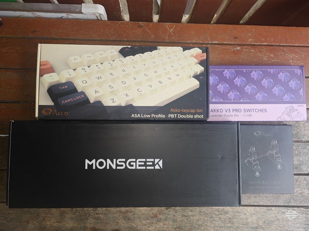 MONSGEEK M2 SET (Category: Computer Keyboard) located in Manila. Submitted by kristianharold (Listing ID 1429127614, Image 1). Description: MONSGEEK M2 QMK COLOR BLACK ANODIZED FULL CNC ALUMINUM BODY HOT SWAPPABLE RGB SOUTH FACING COMES WITH AKKO RETRO PBT KEYCAPS SET ASA LOW PROFILE 155PCS KEYS AKKO V3 PRO LAVENDER PURPLE SWITCHES SWITCH (SUPER THOCKY) AKKO STABILIZER (BLACK) FREEBIES CLEANING SET AND SWITCH LUBRICANT COMPLETE WITH BOX GAGAMITIN