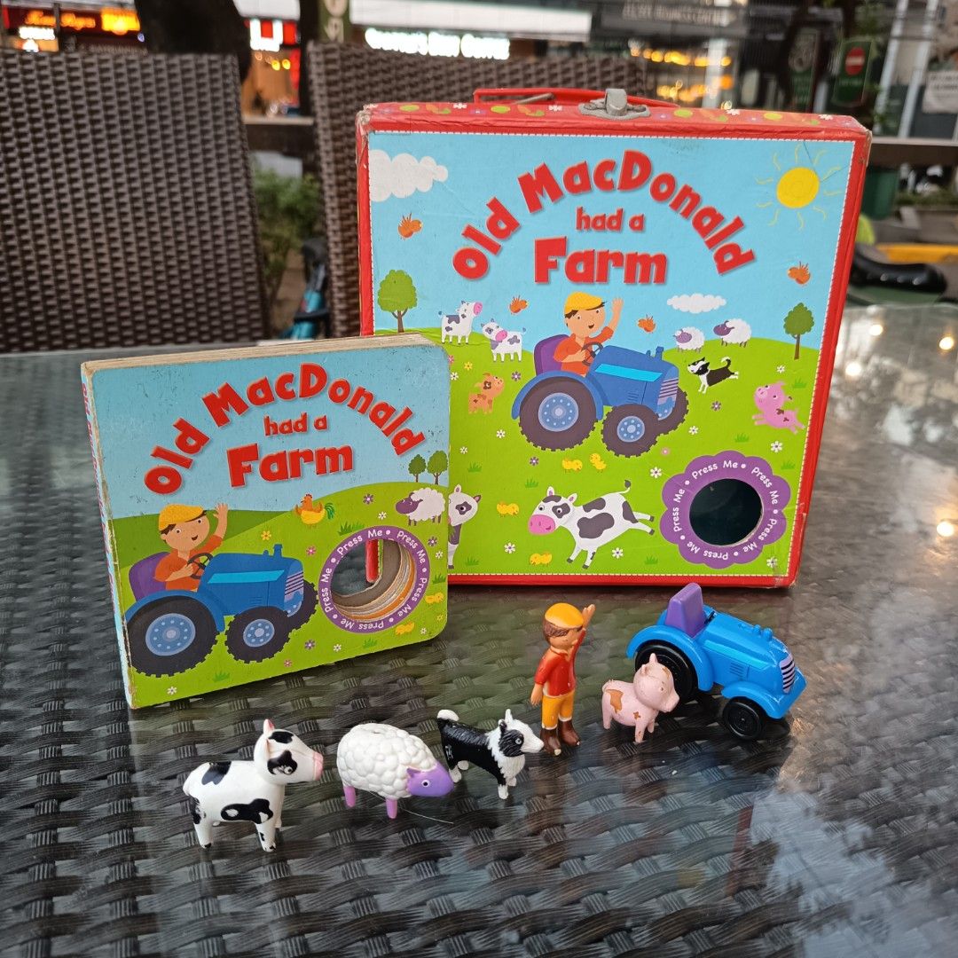 Old MacDonald had a Farm Book & Playset (Category: Children's Books) located in Pasig City. Submitted by wafflestore (Listing ID 1429023084, Image 1). Description: Includes: - Illustrated hardbound book, missing sound button - Toy set: Farmer, Tractor, Dog, Pig, Cow, Sheep - Box w/ latch Payment through GCash..