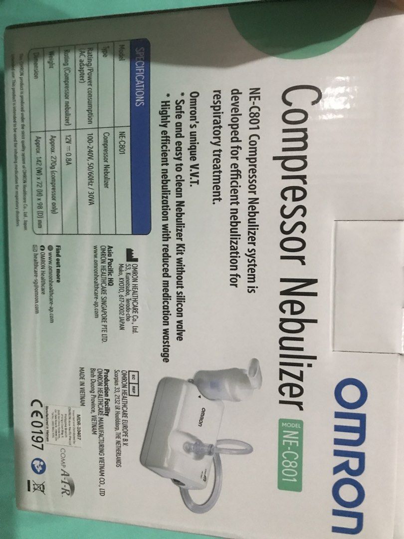 Omron compressor nebulizer- NE-C801 (Category: Medical Supplies & Tools) located in Quezon City. Submitted by bargain_finds (Listing ID 1429104607, Image 2). Description: *Never used, brand new. Opened just to check if parts are complete. *rfs: decluttering house; this is a reserve unit *retail price: 2980php.