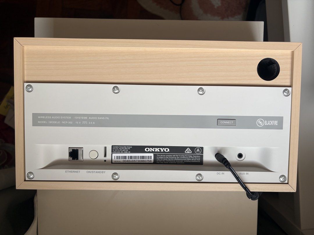 Onkyo NCP-302W Speaker (Category: Soundbars, Speakers & Amplifiers) located in Las Pinas. Submitted by unicorn12119 (Listing ID 1429084292, Image 3). Description: Onkyo NCP-302W speaker. Features include Bluetooth connectivity, Ethernet port, and AUX input. The speaker has a 2-way bass reflex speaker type with a 3 3/4" woofer and a 1" tweeter. It has a white and wood finish. Output power is 14W for the woofer and 9W for the tweeter..