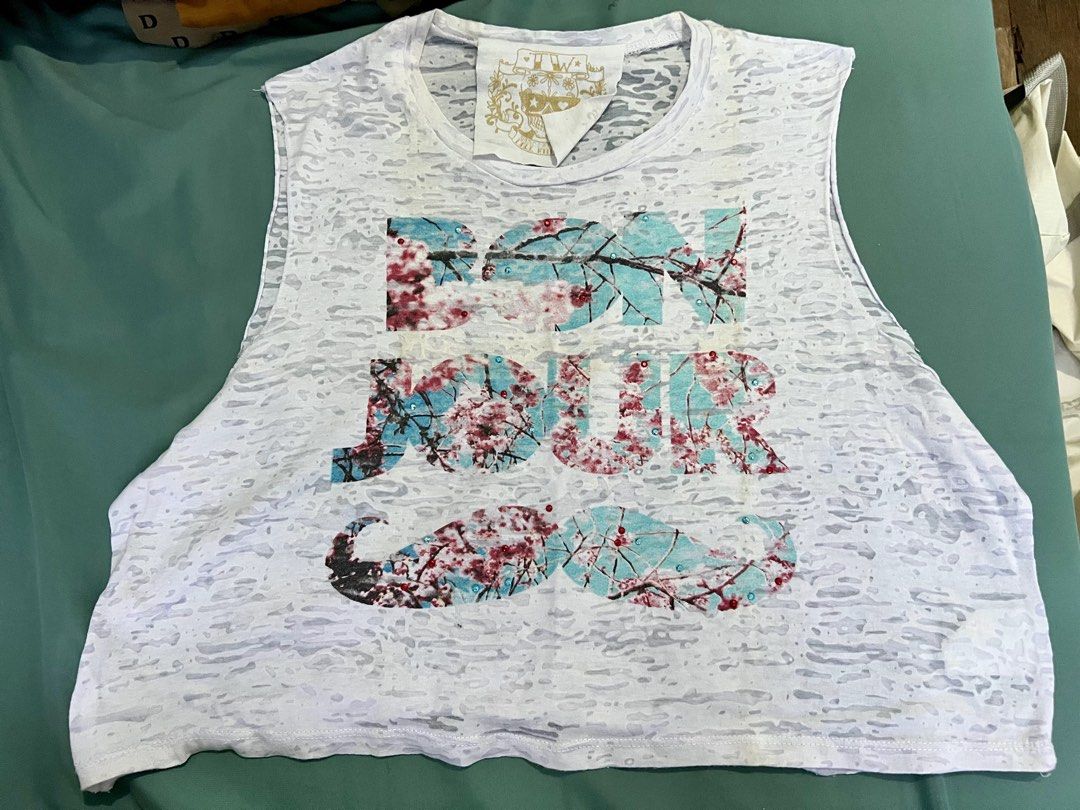 Printed Crop Top, Brown Leggings (Category: Others Tops) located in Manila. Submitted by brownqueen65310 (Listing ID 1429058707, Image 2). Description: Buy my outfit! Perfect for your sporty get up Top: Printed Crop Top - Pre-loved item - Sheer, lightweight cloth - Cherry blossom prints, 2012 fashion mustache Bottom: Coco Cabaña Brown Leggings - Pre-loved item - Lightweight cloth but not see through - Panty choice matters! - Has flaws .