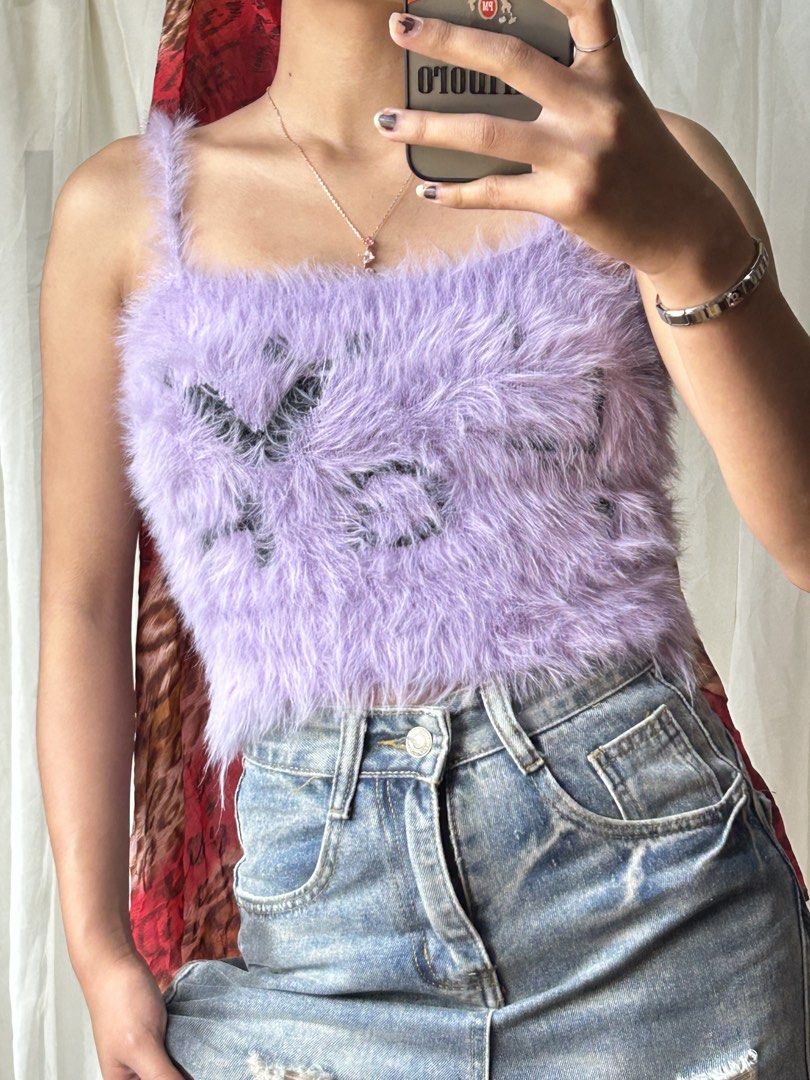Purple Fluffy Crop Top (Category: Sleeveless) located in Baguio. Submitted by chmlnstudio (Listing ID 1429127398, Image 2). Description: - Purple fluffy crop top - Size M - Soft and comfortable material - Stylish design.