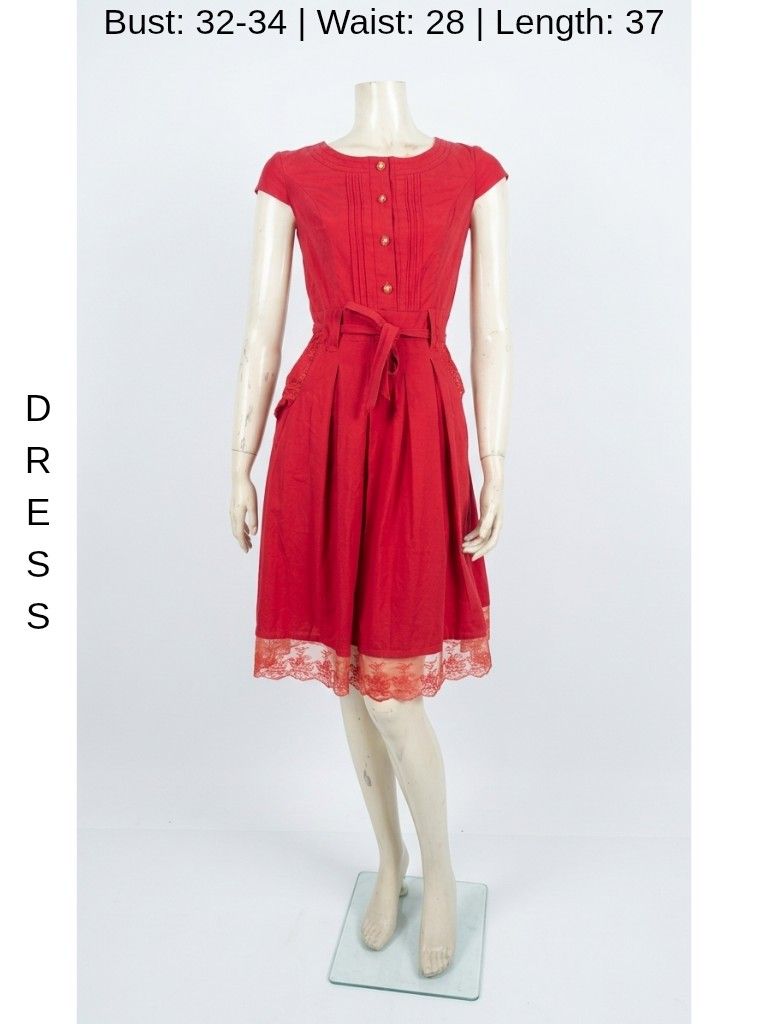 Red Dress with Belt (Category: Dresses) located in Danao, Cebu. Submitted by mymy1127 (Listing ID 1429112935, Image 2). Description: Red dress features a button-down front, cap sleeves, and a waist belt. It has pockets and a lace trim at the hem. The bust size is 32-34, waist is 28, and the length is 37..