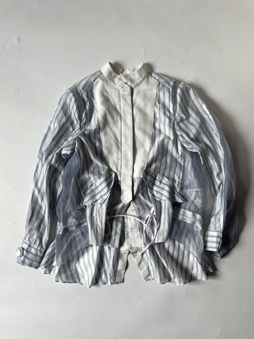Sacai Striped Layered Shirt (Category: Shirts) located in Baguio. Submitted by themgarbage (Listing ID 1429107320, Image 1). Description: Condition:Great Size tagged:1 Width:20.5 Length:24 Shoulder:15 Sleeves:25.