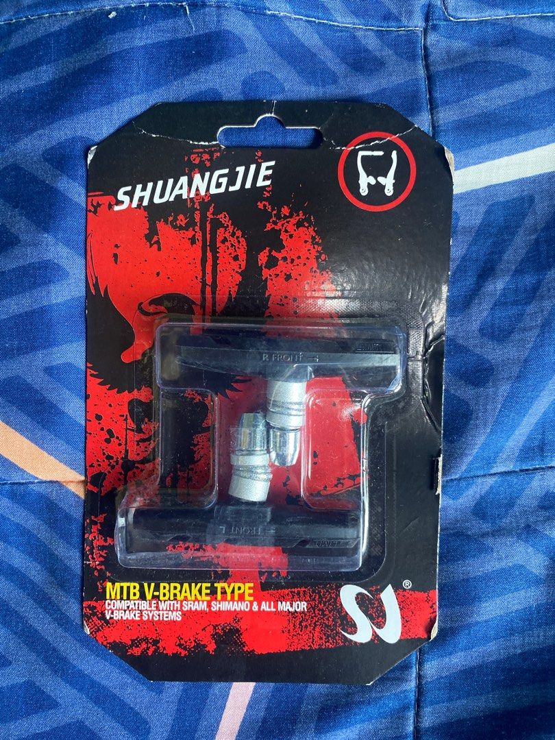 Shuangjie MTB V-Brake Pads (Category: Other Sports Equipment and Supplies) located in Pasay City. Submitted by badthecap (Listing ID 1429039659, Image 1). Description: Shuangjie MTB V-Brake pads. Compatible with SRAM, Shimano, and all major V-brake systems. The package includes a set of brake pads. Ready to install and improve your bike's braking performance. Perfect for mountain bikes..