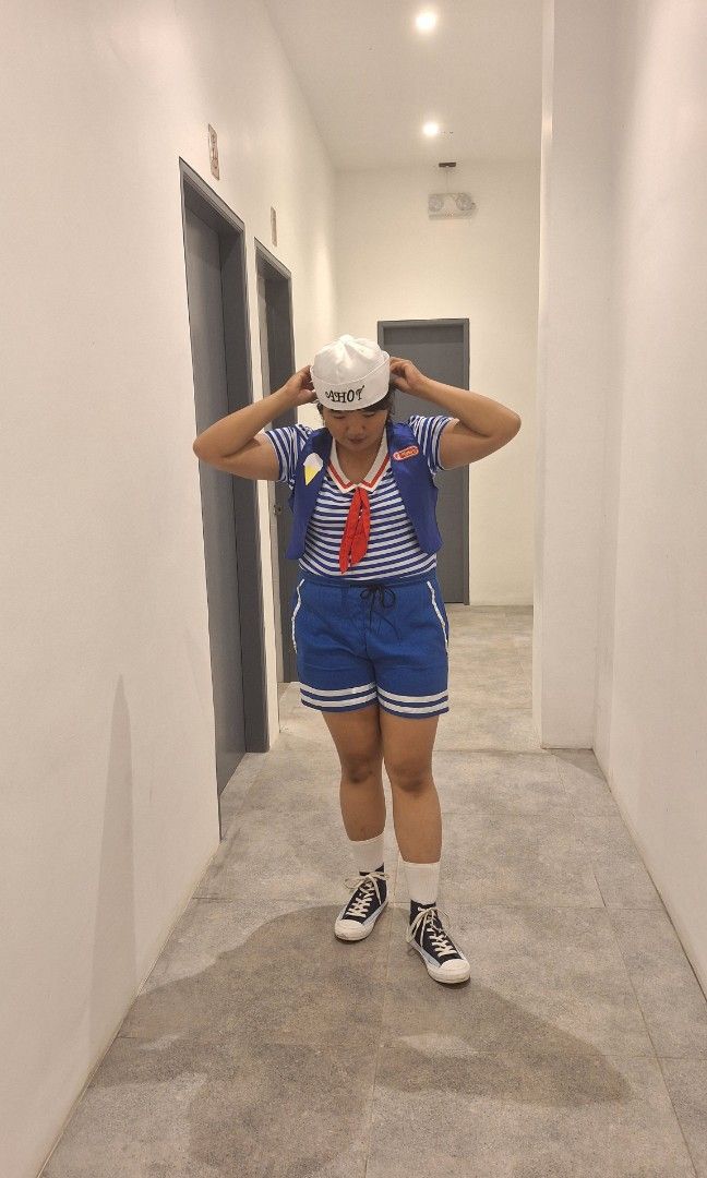 Stranger Things Robin Costume Set (Category: Sets or Coordinates) located in Daraga. Submitted by hazeeelgraceee (Listing ID 1429095142, Image 2). Description: Robin Stranger Things Costume Set Size: XL, 5'4 1/2 inches height ko, and 34 inches waistline for your reference. Worn once for theme-party lang with friends. 2 yung shorts kasi di nag-kasya yung shorts sakin so nagpa-customize ako ng bago. Will give both na ng shorts since kung mas smalle