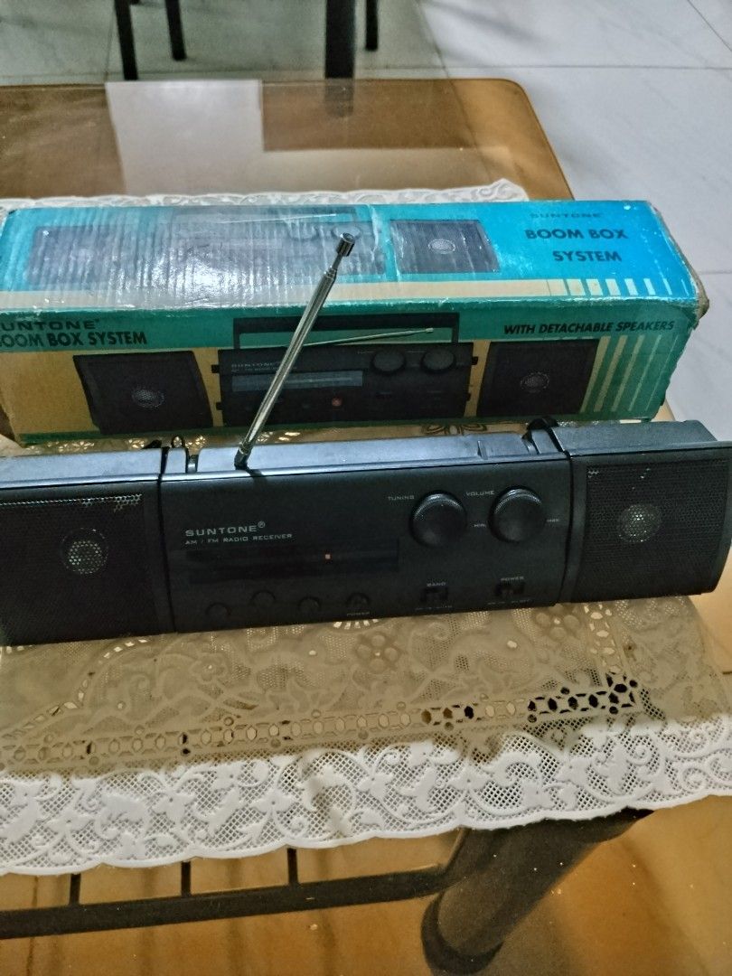 SunTone Boom Box System untested (Category: Soundbars, Speakers & Amplifiers) located in Manila. Submitted by cruzivanpatrick (Listing ID 1429150757, Image 1). Description: SunTone boombox system with detachable speakers. It has a built-in radio and cassette player. The unit has volume and tuning controls. The original box is included. The boombox is black in color. untested wala ko battery po pang collection pm meet up lrt 1 abad santos station.